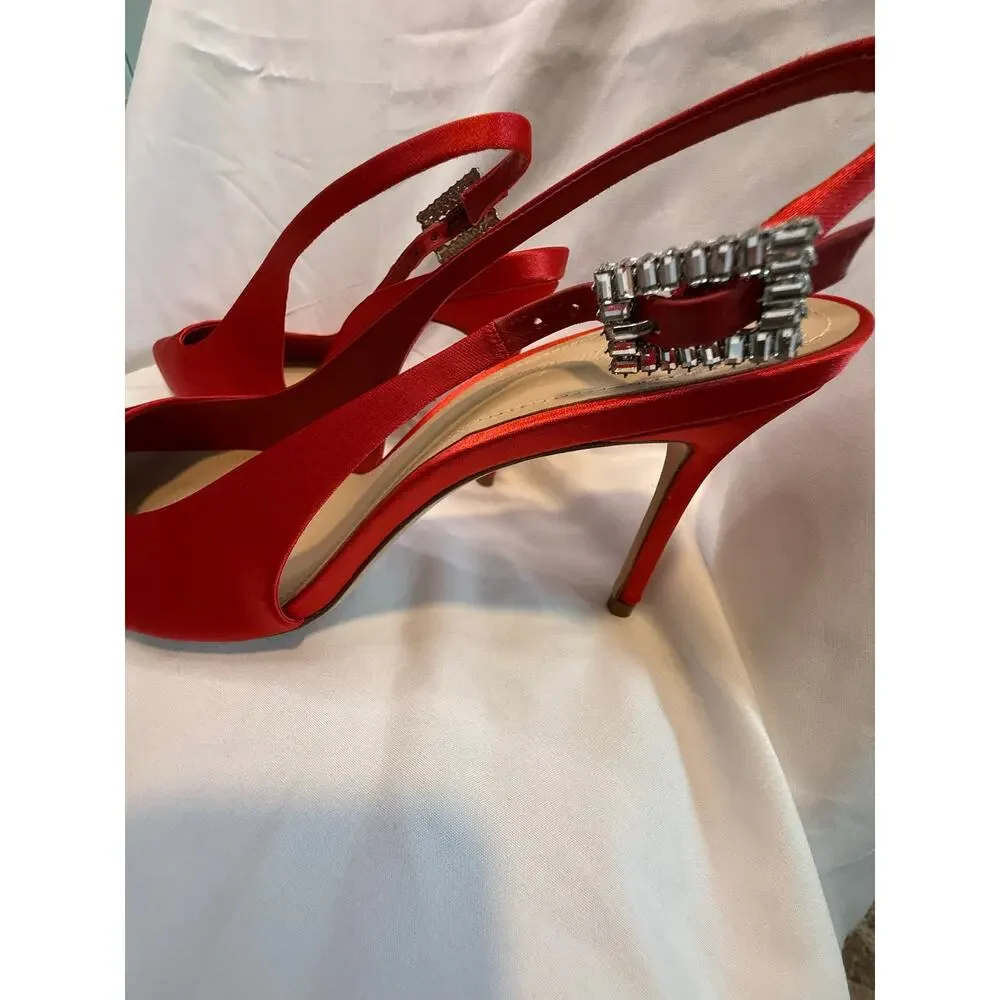 Saks Fifth Avenue Red Satin Crystal Buckle Slingback Pumps Heels Size 40